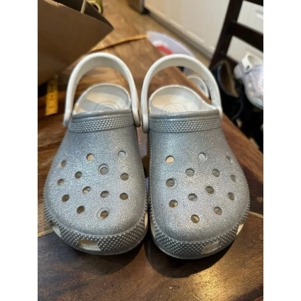 Crocs Unisex Classic Glitter II Metallic Silver Clog Sandal Shoes Size J4